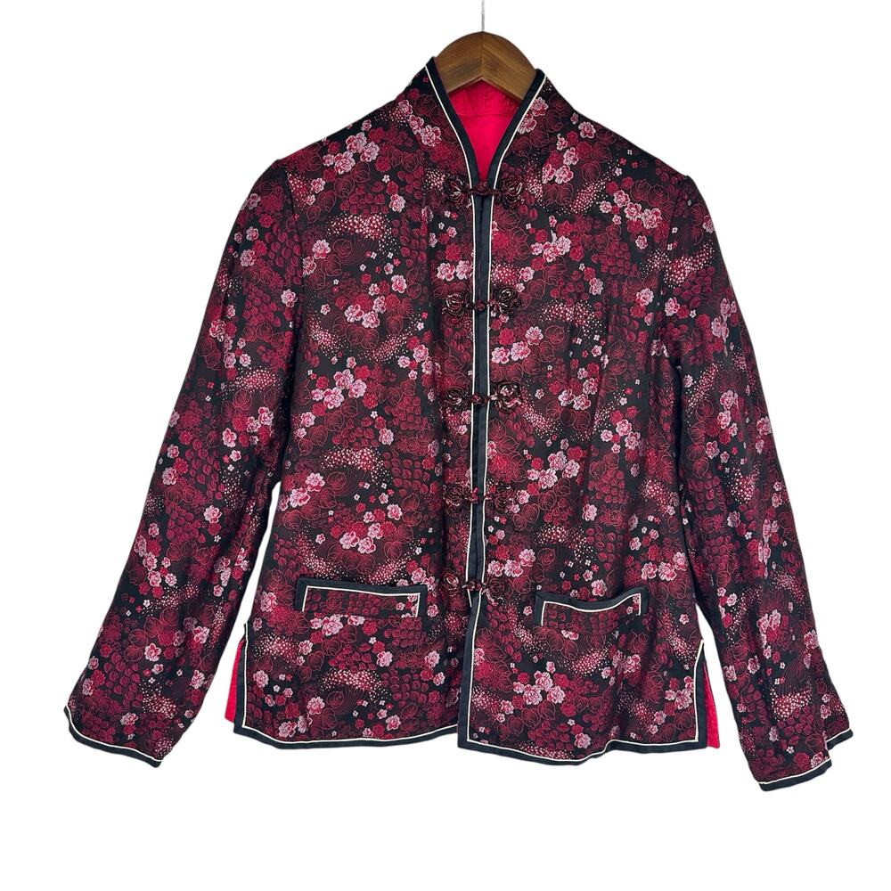 Solz Squirrel Chinese Reversible Silk Jacket Size MED Black Pink Floral GUC